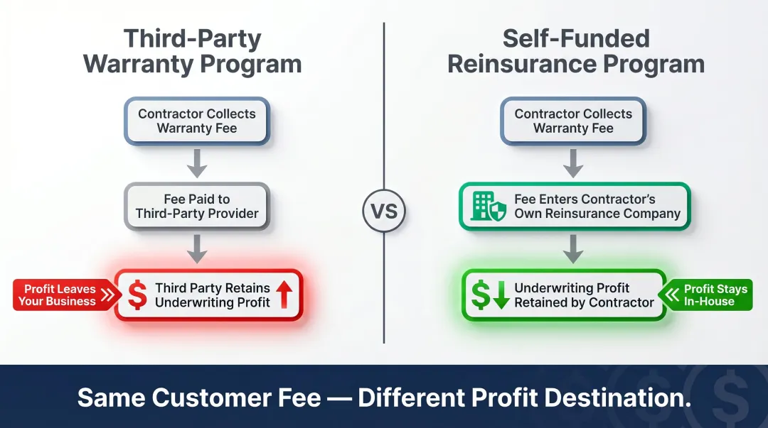 Third-party warranty program versus self-funded reinsurance profit flow comparison infographic