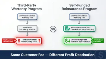 Third-party warranty program versus self-funded reinsurance profit flow comparison infographic
