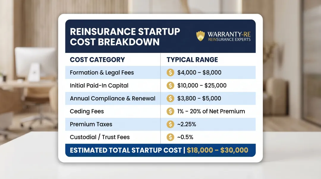 Mid-range warranty reinsurance startup cost breakdown with six key components