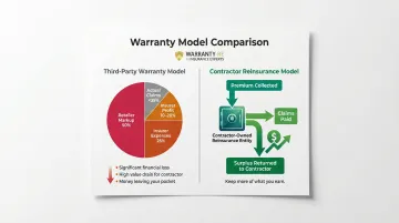 Third-party warranty profit distribution versus contractor reinsurance model comparison infographic