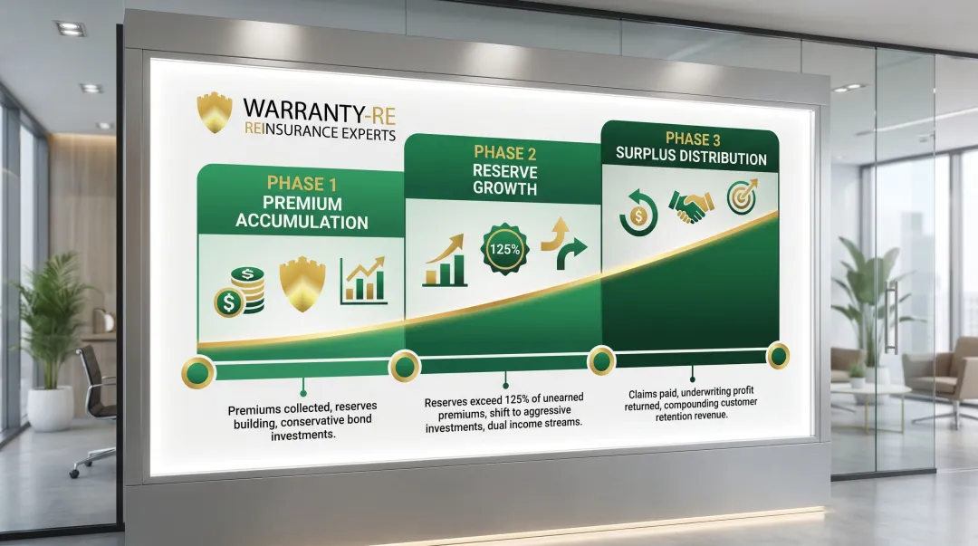 Warranty reinsurance reserve growth timeline showing premium accumulation investment income and profit distribution