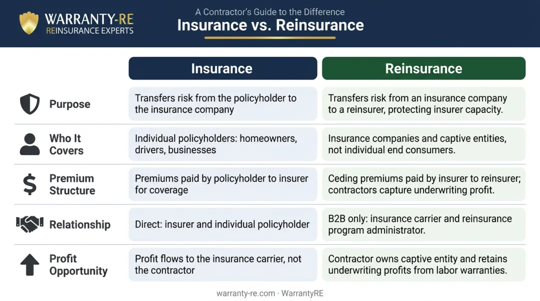 Insurance versus reinsurance side-by-side comparison chart for contractors