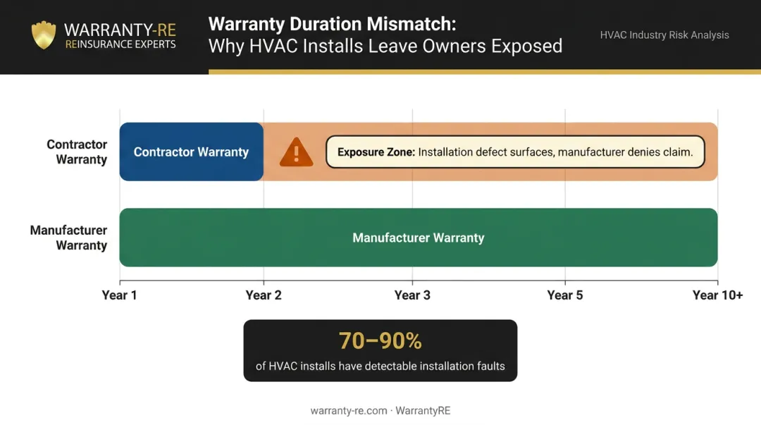 Warranty coverage gap timeline showing contractor versus manufacturer warranty duration mismatch