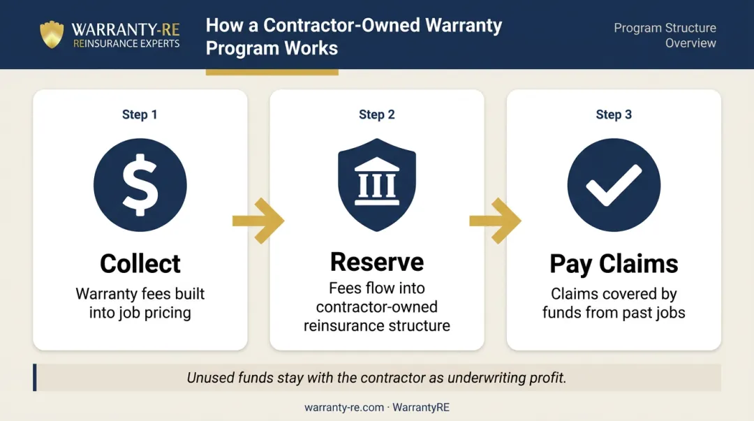 Three-step contractor-owned warranty reinsurance program collect reserve pay claims