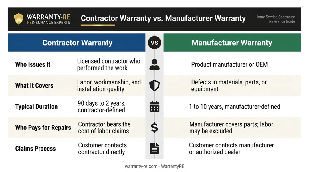Contractor warranty versus manufacturer warranty side-by-side comparison infographic