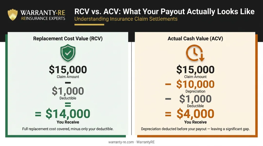 RCV versus ACV homeowners insurance payout comparison on fifteen thousand dollar roof claim