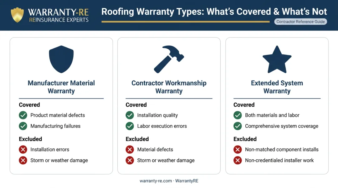Three roofing warranty types comparison chart covering materials workmanship and system coverage