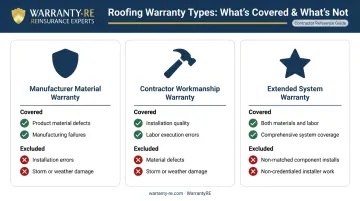 Three roofing warranty types comparison chart covering materials workmanship and system coverage