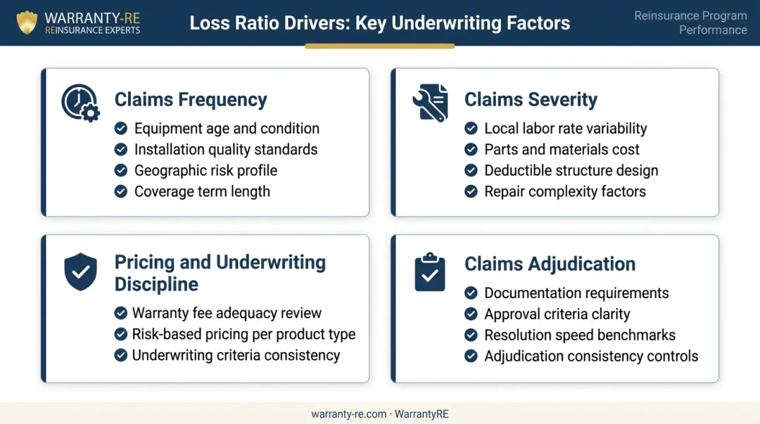 Four primary drivers of warranty reinsurance loss ratio frequency severity pricing claims