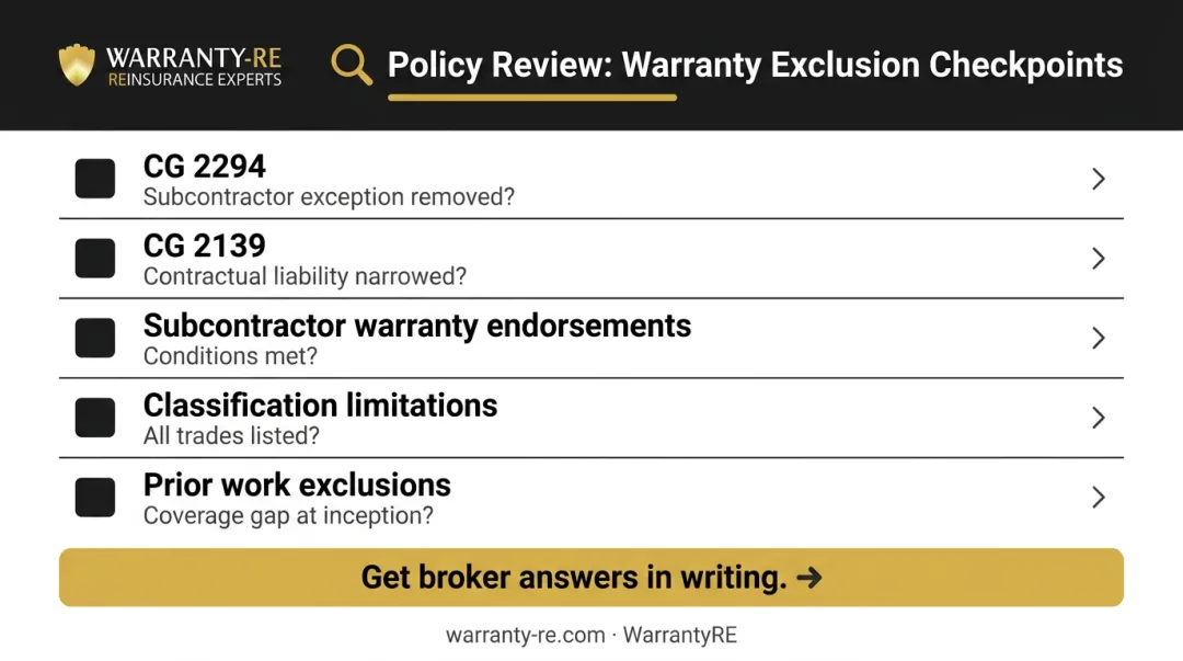 Contractor GL policy warranty exclusion review checklist five key endorsements to check