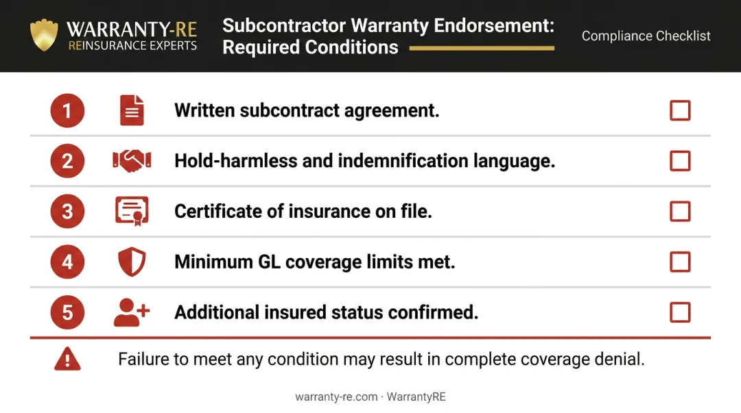 Five subcontractor warranty endorsement requirements checklist infographic for contractors