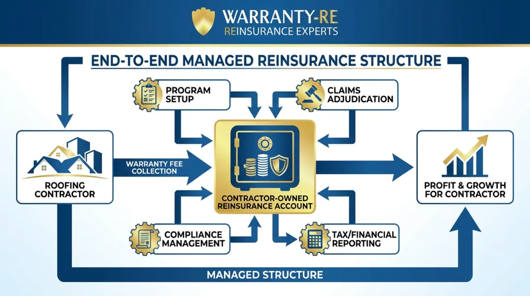 WarrantyRE contractor reinsurance program structure showing premium flow and admin services