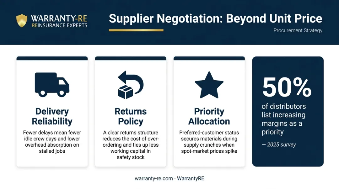 Roofing supplier negotiation priorities infographic with margin impact breakdown
