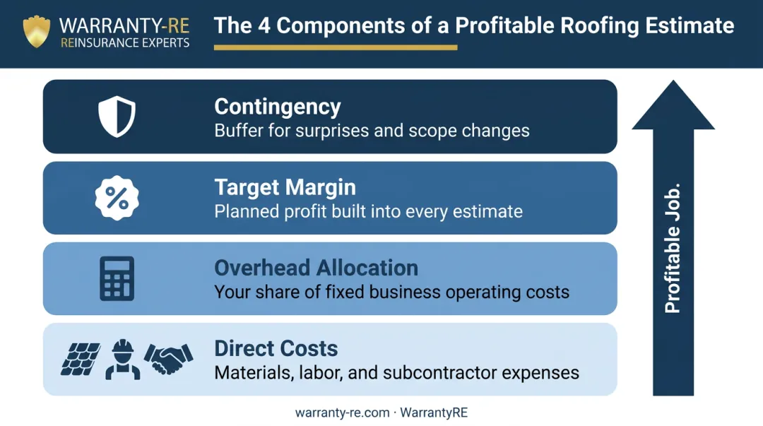 Four-step roofing estimate pricing structure from direct costs to contingency