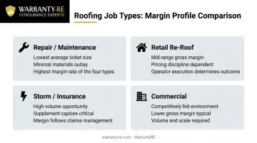 Four roofing job types comparison chart showing margin characteristics by category