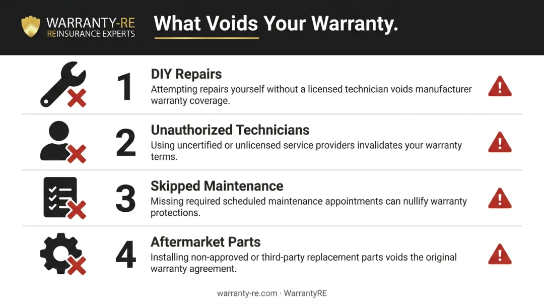 Four actions that void a garage door warranty with warning icons