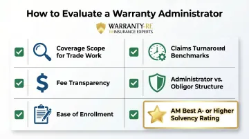 Six-criteria contractor warranty administrator evaluation checklist infographic