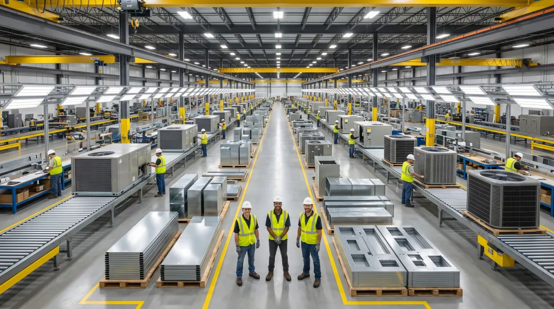 Large HVAC manufacturing facility production floor with residential equipment assembly line