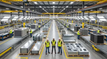 Large HVAC manufacturing facility production floor with residential equipment assembly line