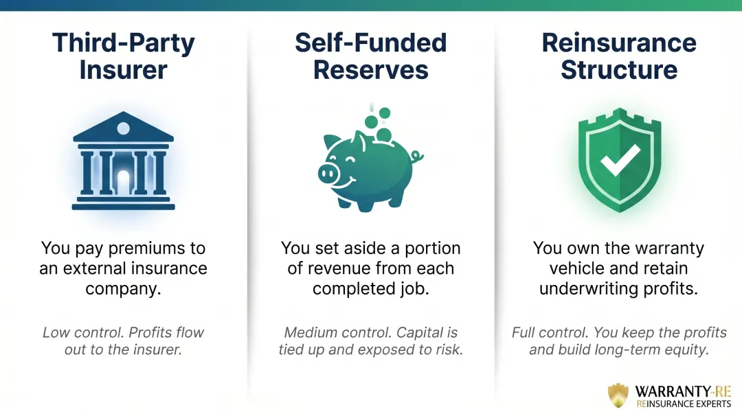 Three warranty funding mechanisms comparison: third-party insurer self-funded and reinsurance structure