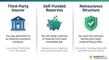 Three warranty funding mechanisms comparison: third-party insurer self-funded and reinsurance structure