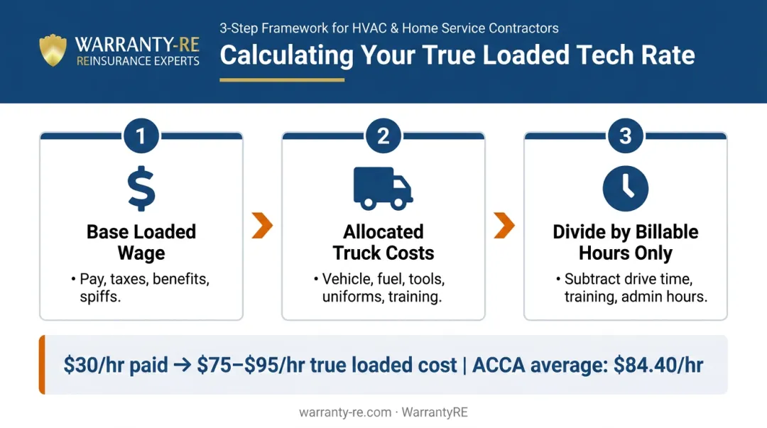 3-step HVAC technician true loaded cost calculation process flow infographic