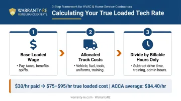 3-step HVAC technician true loaded cost calculation process flow infographic