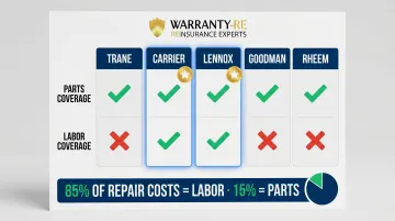 Furnace warranty labor versus parts cost comparison across top HVAC brands