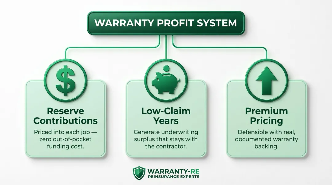 Three-direction warranty reserve profit mechanics for roofing contractors infographic