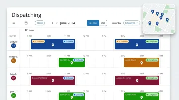 HVAC dispatch board software showing real-time technician assignments and GPS tracking