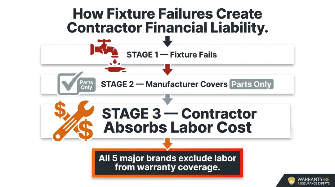 Contractor warranty liability breakdown showing labor cost exposure per fixture failure