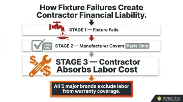 Contractor warranty liability breakdown showing labor cost exposure per fixture failure