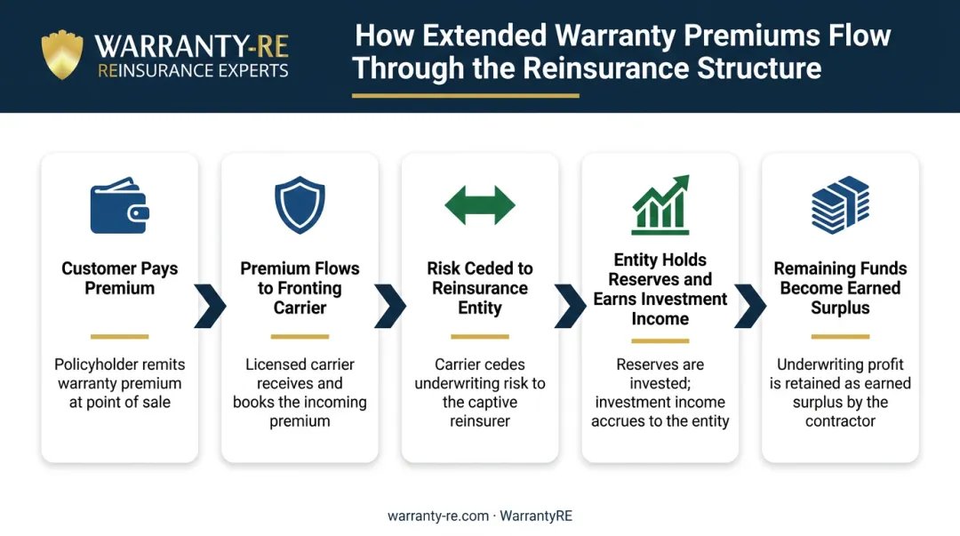 5-step extended warranty premium flow from customer to reinsurance entity