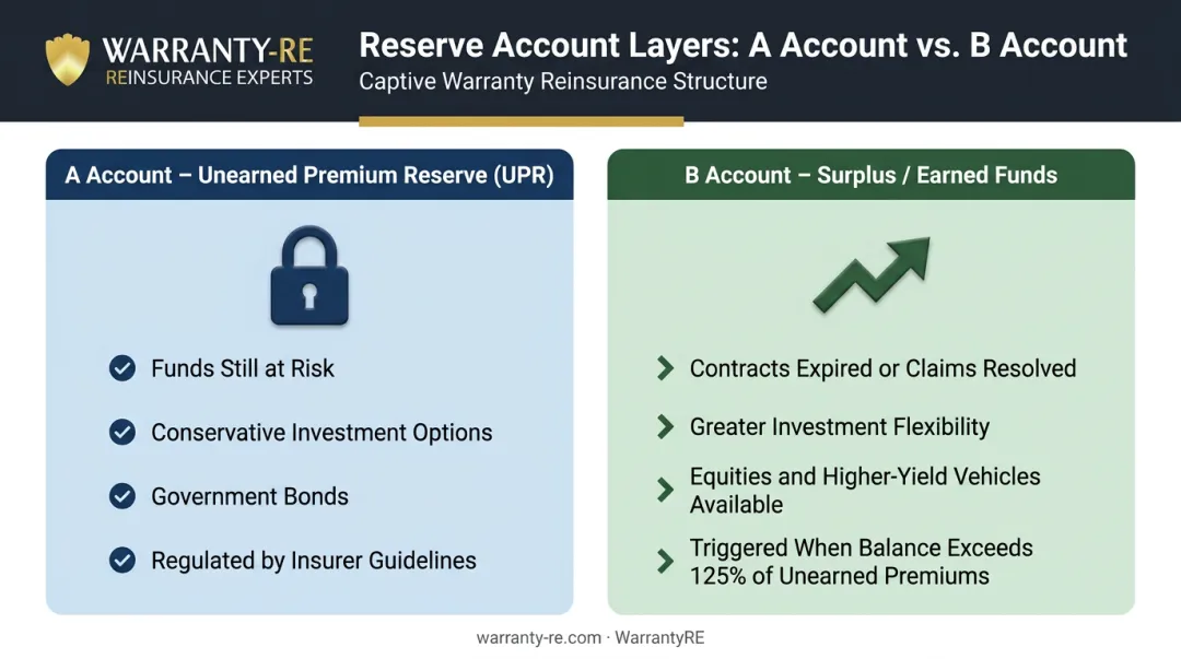 Reinsurance trust A account versus B account investment structure comparison infographic