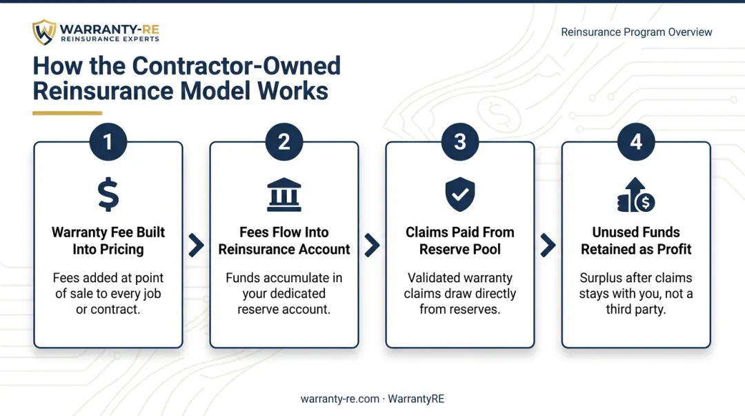 4-step contractor-owned reinsurance model process flow for roofing warranty funding
