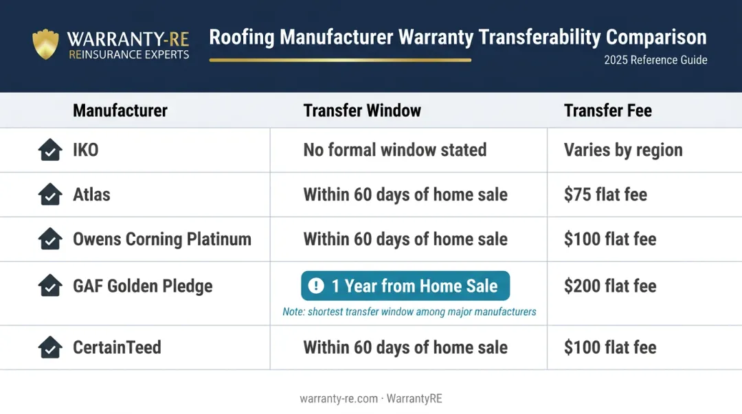 Roofing warranty transfer windows and fees comparison across five manufacturers