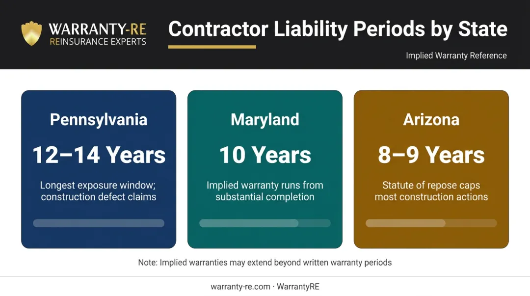 State contractor liability periods for construction defects Pennsylvania Maryland Arizona comparison
