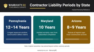 State contractor liability periods for construction defects Pennsylvania Maryland Arizona comparison