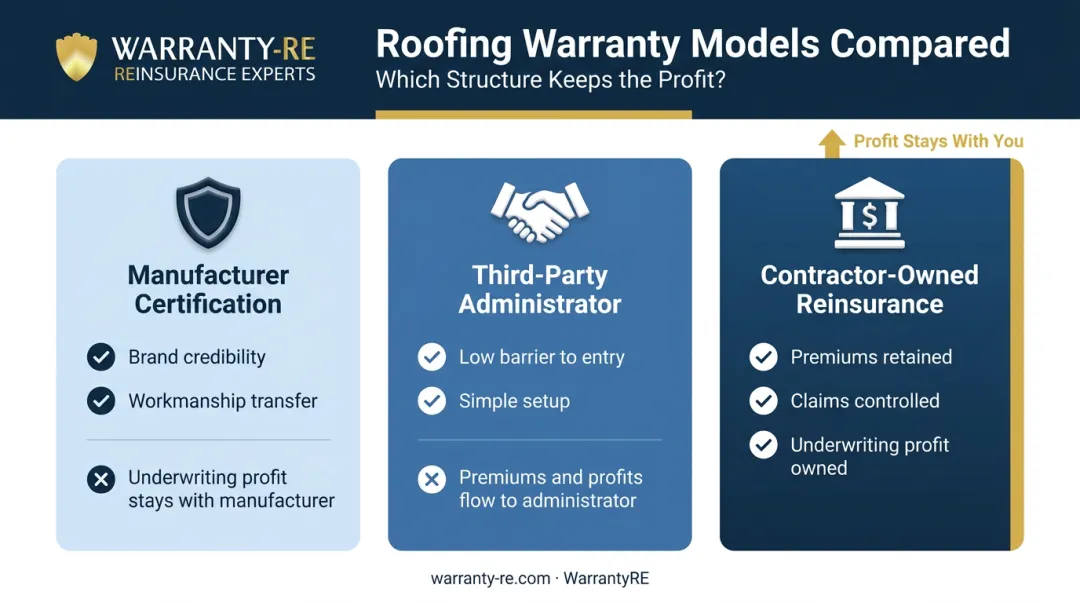 Three roofing warranty models compared by structure profit flow and control