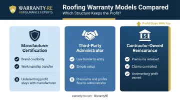Three roofing warranty models compared by structure profit flow and control
