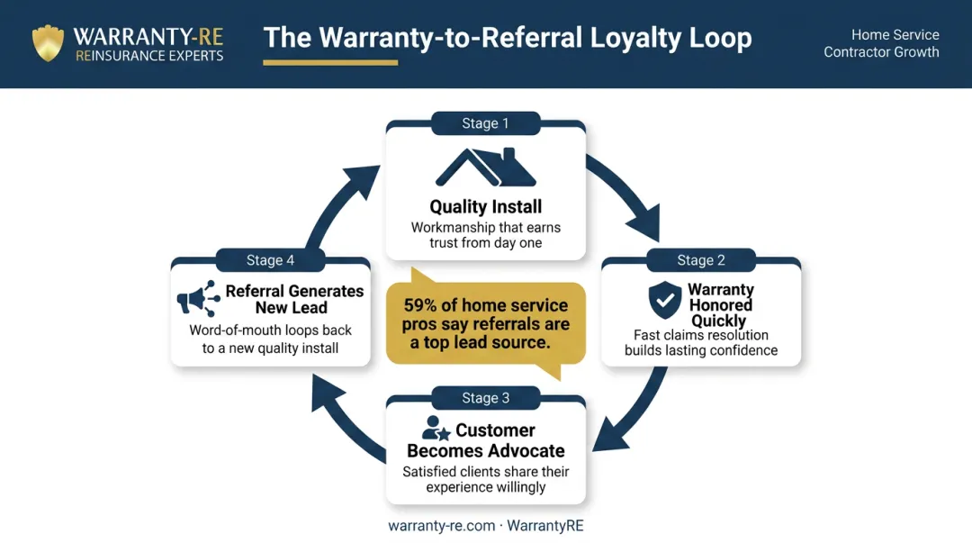 Roofing contractor referral loyalty loop from warranty claim to word-of-mouth growth