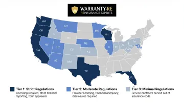 US state warranty regulation three-tier map showing significant moderate and minimal oversight states