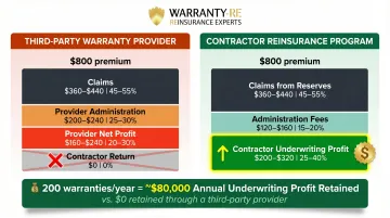 Side-by-side comparison of third-party warranty provider versus contractor reinsurance program profit flow