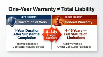 Correction of work versus general warranty duration and legal nature comparison infographic