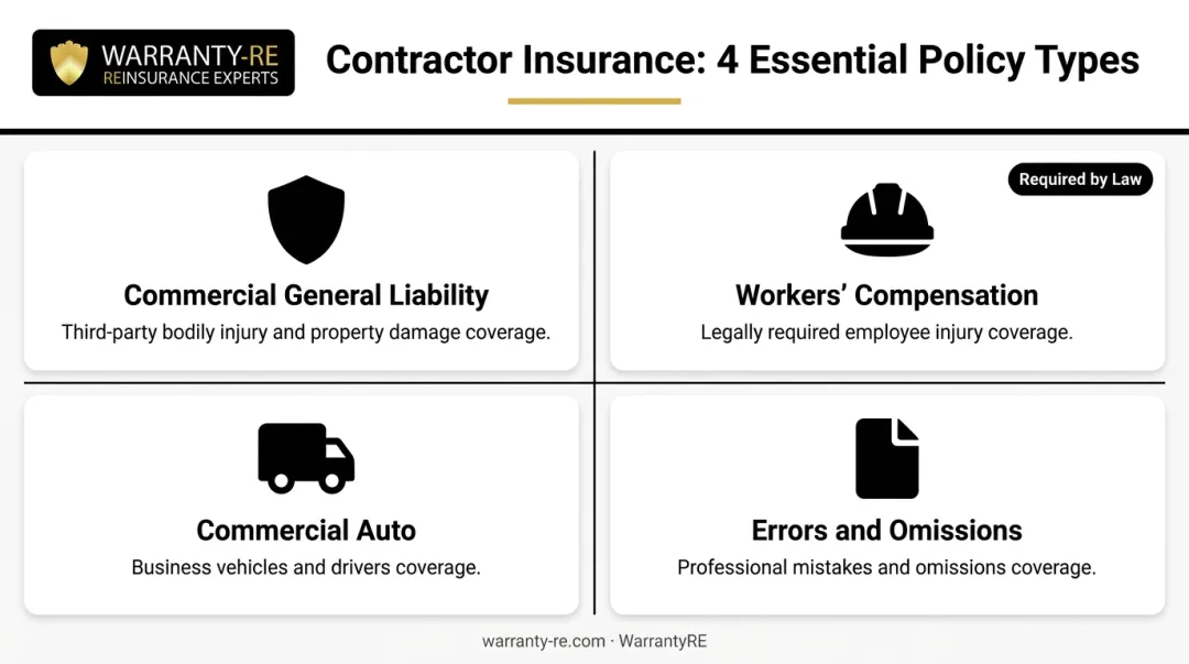 Four core contractor insurance policy types coverage and legal requirements overview