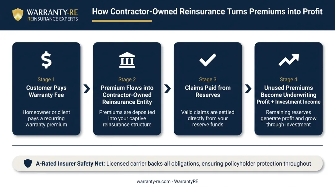 Contractor warranty reinsurance profit flow from premium collection to underwriting profit