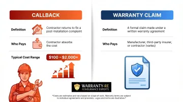 Roofing callback versus warranty claim comparison chart showing cost and responsibility