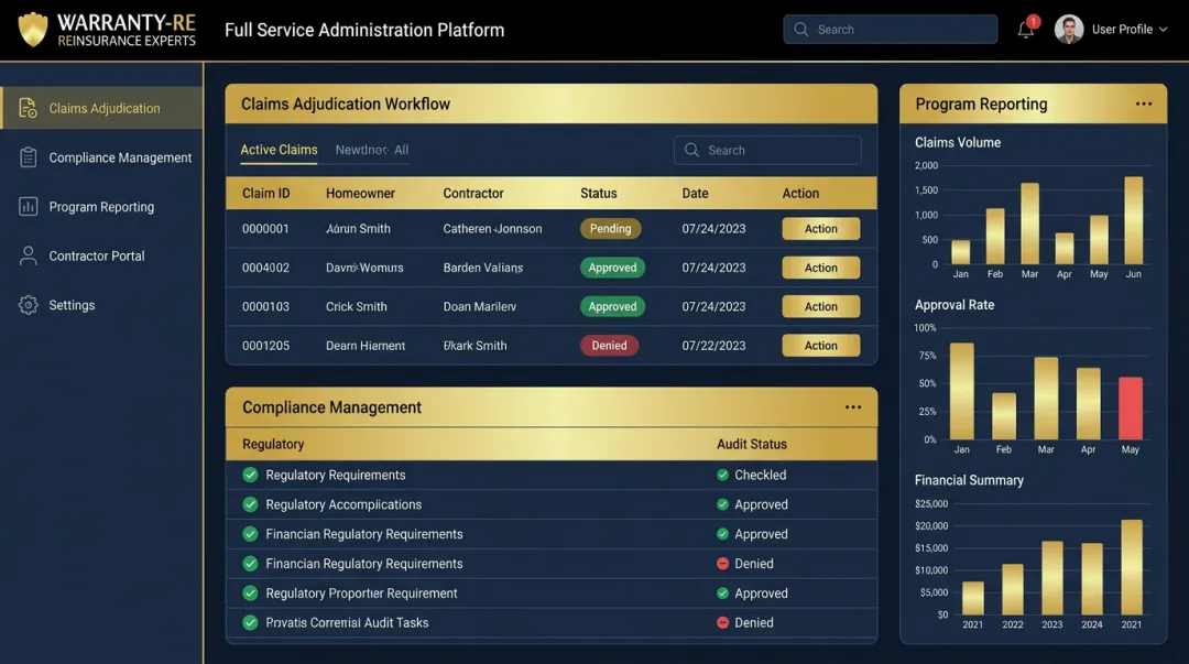 WarrantyRE full-service claims administration dashboard showing adjudication and compliance management