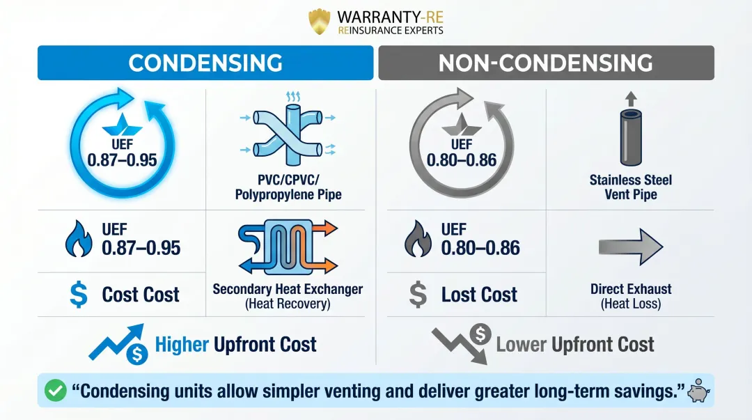 Condensing versus non-condensing tankless water heater efficiency comparison infographic