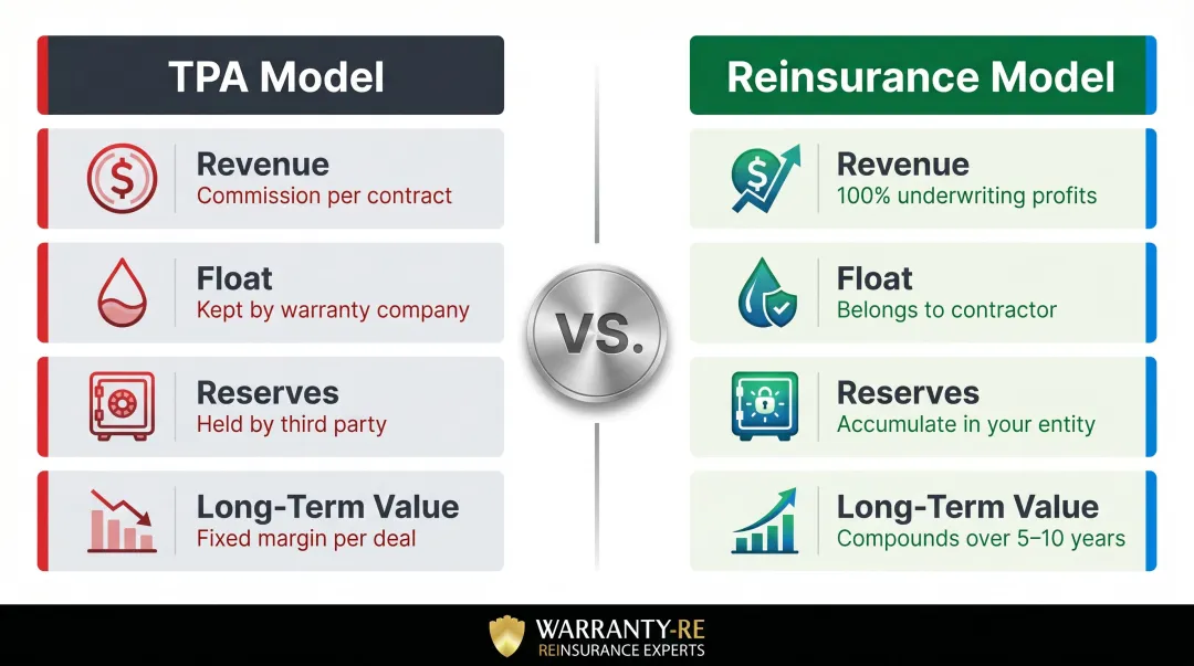 TPA model versus contractor-owned reinsurance model profit comparison side-by-side